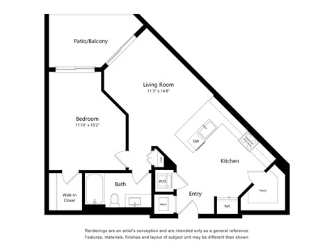 Floor plan for 1 bed, 1 bath, 774 sqft